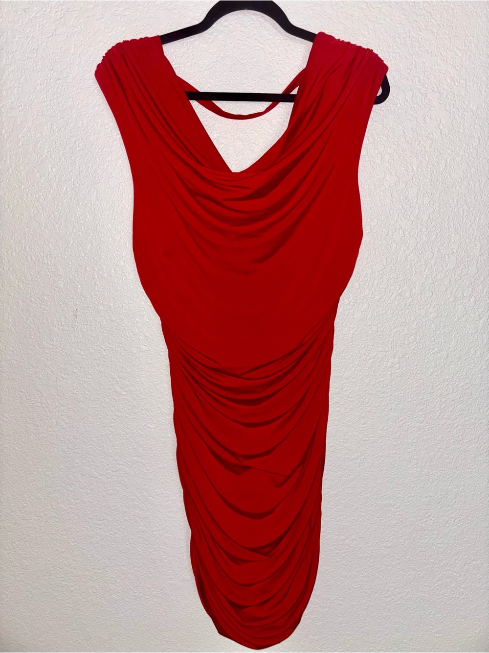 Pre-Loved Express Red Draped Midi Dress with Cowl Neck & Ruched Sides